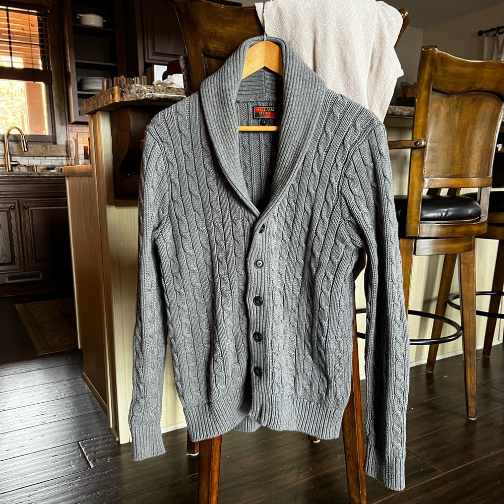 William Hunt Savile Row Light Grey Cable-knit Shawl Cardigan - Small